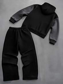 SHEIN Tween Boy Graphic Hooded Sweatshirt & Sweatpants 2 Pieces Set - Black - View 2