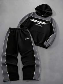 SHEIN Tween Boy Graphic Hooded Sweatshirt & Sweatpants 2 Pieces Set - Black - View 1