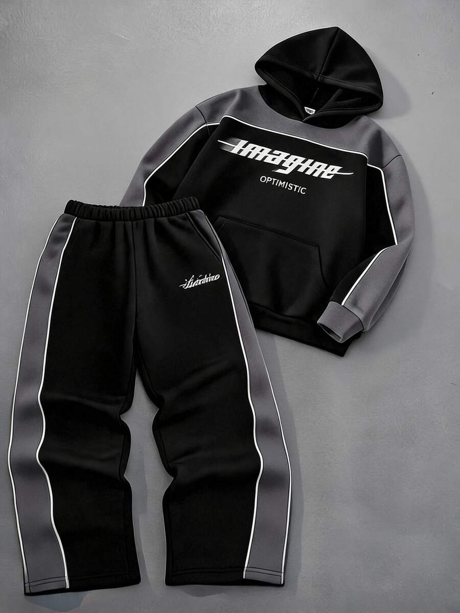 SHEIN Tween Boy Graphic Hooded Sweatshirt & Sweatpants 2 Pieces Set - Black - View 1
