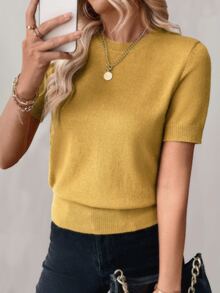 Uhlyne Uhlyne Women's Solid Color Simple Daily Round Neck Short Sleeve Knit Top - Mustard Yellow - View 3