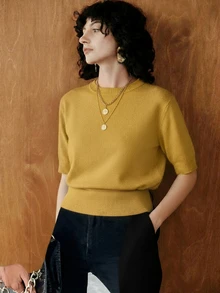 Uhlyne Uhlyne Women's Solid Color Simple Daily Round Neck Short Sleeve Knit Top - Mustard Yellow - View 2