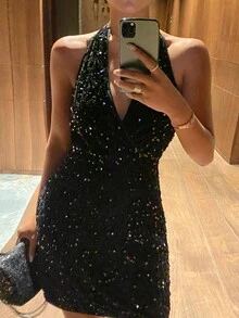 Livesso Women's Sequin Casual Versatile Date & Travel Short Dress Fall - Black - View 5