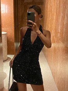 Livesso Women's Sequin Casual Versatile Date & Travel Short Dress Fall - Black - View 8