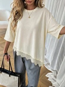 SHEIN LUNE Women's Casual Solid Color Asymmetrical Hem Lace Patchwork Spring/Summer Everyday Basic Outing T-Shirt - Apricot - View 3