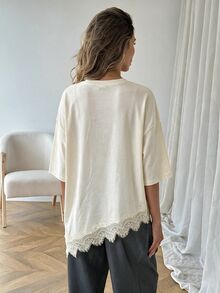 SHEIN LUNE Women's Casual Solid Color Asymmetrical Hem Lace Patchwork Spring/Summer Everyday Basic Outing T-Shirt - Apricot - View 2