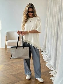 SHEIN LUNE Women's Casual Solid Color Asymmetrical Hem Lace Patchwork Spring/Summer Everyday Basic Outing T-Shirt - Apricot - View 4
