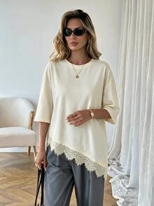 SHEIN LUNE Women's Casual Solid Color Asymmetrical Hem Lace Patchwork Spring/Summer Everyday Basic Outing T-Shirt - Apricot - View 5
