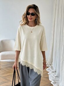 SHEIN LUNE Women's Casual Solid Color Asymmetrical Hem Lace Patchwork Spring/Summer Everyday Basic Outing T-Shirt - Apricot - View 6