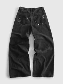 ROMWE MEN Street Life Men's Rivet Button Pocket Loose Wide Leg Denim Jeans - Black - View 2