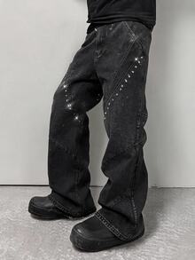 ROMWE MEN Street Life Men's Rivet Button Pocket Loose Wide Leg Denim Jeans - Black - View 6