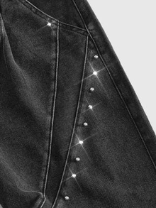 ROMWE MEN Street Life Men's Rivet Button Pocket Loose Wide Leg Denim Jeans - Black - View 4