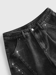 ROMWE MEN Street Life Men's Rivet Button Pocket Loose Wide Leg Denim Jeans - Black - View 3