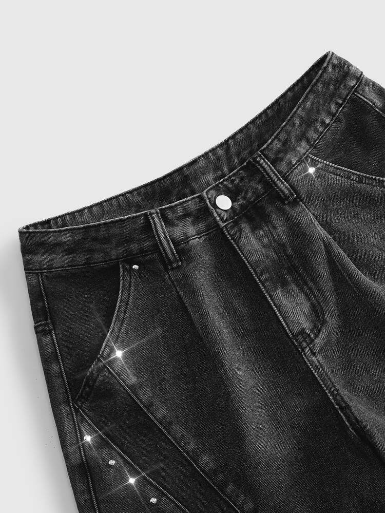 ROMWE MEN Street Life Men's Rivet Button Pocket Loose Wide Leg Denim Jeans - Black - View 3