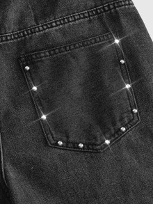 ROMWE MEN Street Life Men's Rivet Button Pocket Loose Wide Leg Denim Jeans - Black - View 5