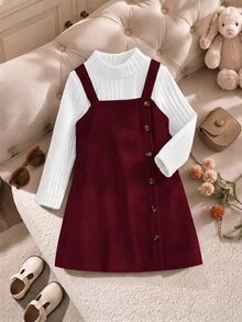 SHEIN 少女校園小新娘/通勤風不對稱吊帶裙與羅紋針織背心套裝 白色酒紅 秋季 - 酒紅色 - 查看 8