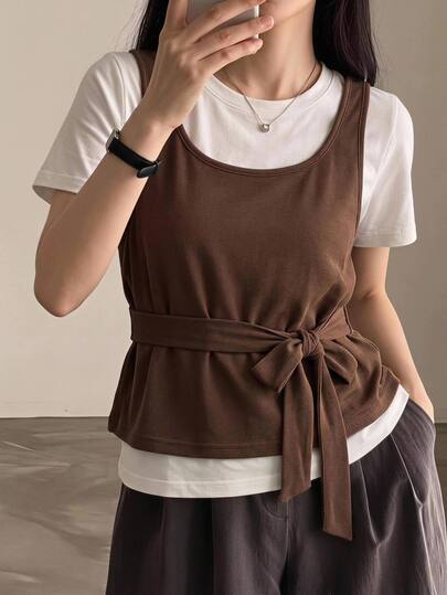 Yumoku Casual Women's Summer 2-In-1 T-Shirt Travel White Work Brunch School Wear Autumn Cute Tops Going Out Chocolate Brown