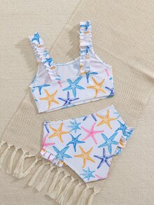 SHEIN 女童海星印花兩件式泳衣套裝，可愛荷葉邊分體式比基尼泳衣，適合夏季、海灘、家庭度假、假期，女童2件式泳衣 - 彩色 - 查看 2