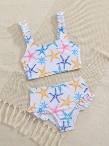 SHEIN 女童海星印花兩件式泳衣套裝，可愛荷葉邊分體式比基尼泳衣，適合夏季、海灘、家庭度假、假期，女童2件式泳衣 - 彩色 - 查看 7