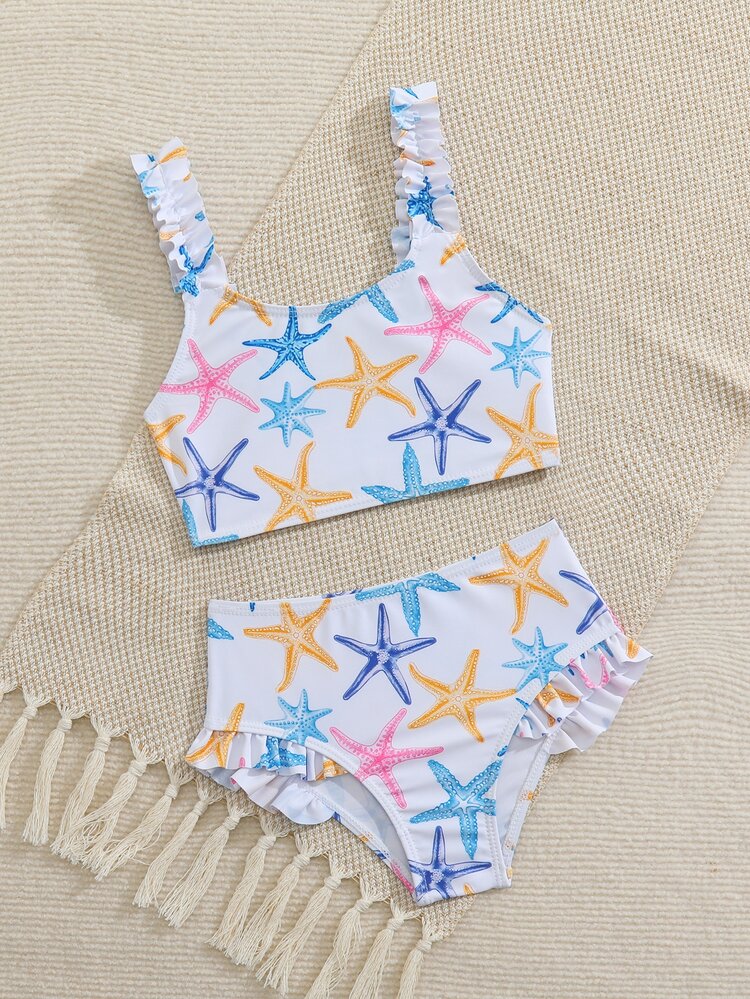 SHEIN Young Girls Starfish Print Two Pieces Swimwear Set, Cute Tankinis Bathing Suit With Ruffles For Summer, Beach, Family Vacation, Holiday, Young Girls 2pcs Swimwear - Multicolor - View 7