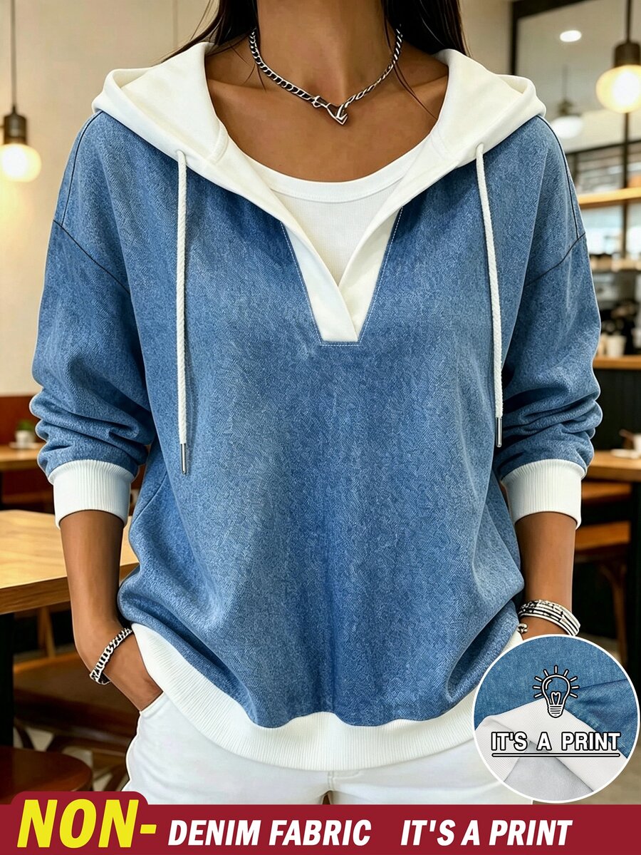 SHEIN Holidaya Women's Denim Effect Print Drop Shoulder Long Sleeve Casual Drawstring Hooded Sweatshirt - Multicolor - View 1