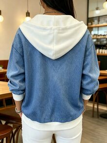 SHEIN Holidaya Women's Denim Effect Print Drop Shoulder Long Sleeve Casual Drawstring Hooded Sweatshirt - Multicolor - View 2