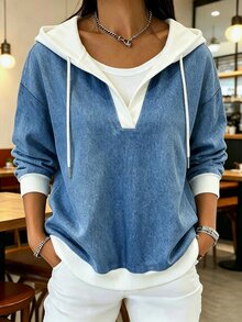 SHEIN Holidaya Women's Denim Effect Print Drop Shoulder Long Sleeve Casual Drawstring Hooded Sweatshirt - Multicolor - View 3