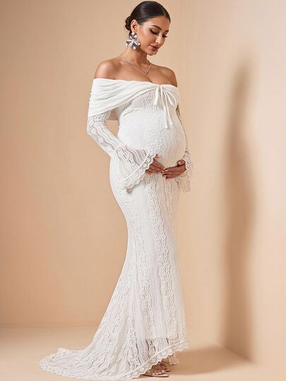 MaterniChic Maternity Off-Shoulder Lace Casual Party & Travel Dress Fall Party Dress Wedding Elegant Baby Shower Dress