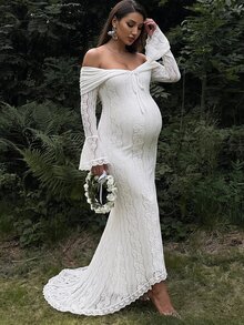 MaterniChic 孕婦露肩蕾絲休閒派對與旅行洋裝 秋季派對洋裝 婚禮優雅嬰兒洗禮洋裝 - 白色 - 查看 2