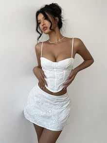 Aloruh Women's White Floral Floral Embroidered 2 Pieces Sets,Girly Camisole Tank Top Mini Skirt,Summer Holiday Vacation,Vintage Sexy Slim-Fit Outfit Beach - White - View 4