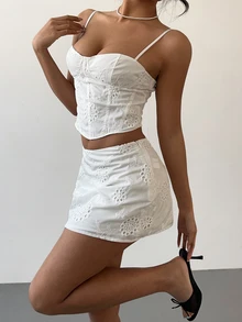 Aloruh Women's White Floral Floral Embroidered 2 Pieces Sets,Girly Camisole Tank Top Mini Skirt,Summer Holiday Vacation,Vintage Sexy Slim-Fit Outfit Beach - White - View 5