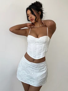 Aloruh Women's White Floral Floral Embroidered 2 Pieces Sets,Girly Camisole Tank Top Mini Skirt,Summer Holiday Vacation,Vintage Sexy Slim-Fit Outfit Beach - White - View 6