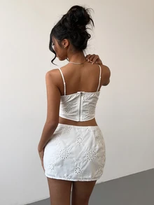 Aloruh Women's White Floral Floral Embroidered 2 Pieces Sets,Girly Camisole Tank Top Mini Skirt,Summer Holiday Vacation,Vintage Sexy Slim-Fit Outfit Beach - White - View 3