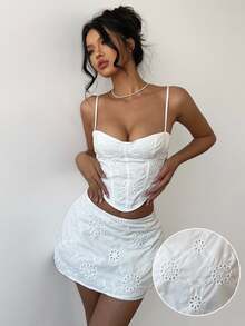 Aloruh Women's White Floral Floral Embroidered 2 Pieces Sets,Girly Camisole Tank Top Mini Skirt,Summer Holiday Vacation,Vintage Sexy Slim-Fit Outfit Beach - White - View 7