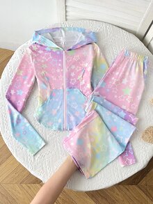 SHEIN طقم 2 قطعة للبنات الصغيرات: جاكيت بغطاء رأس مطبوع بنجوم عقدة الفراشة & بنطلون واسع الساق، بأسلوب رياضي للشارع، للعودة إلى المدرسة، بأسلوب جامعي - متعدد الألوان - مشاهدة 3