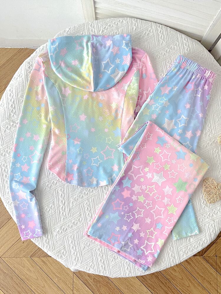 SHEIN Kids Girls Rainbow Star Print Hooded Jacket & Wide Leg Pants 2pcs Set, Street Sports Style, Back To School, College Style - Multicolor - View 4