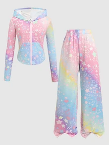 SHEIN طقم 2 قطعة للبنات الصغيرات: جاكيت بغطاء رأس مطبوع بنجوم عقدة الفراشة & بنطلون واسع الساق، بأسلوب رياضي للشارع، للعودة إلى المدرسة، بأسلوب جامعي - متعدد الألوان - مشاهدة 2