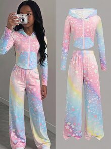 SHEIN طقم 2 قطعة للبنات الصغيرات: جاكيت بغطاء رأس مطبوع بنجوم عقدة الفراشة & بنطلون واسع الساق، بأسلوب رياضي للشارع، للعودة إلى المدرسة، بأسلوب جامعي - متعدد الألوان - مشاهدة 10