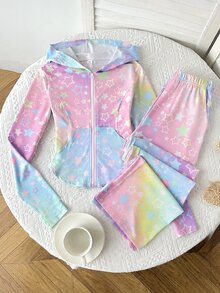SHEIN طقم 2 قطعة للبنات الصغيرات: جاكيت بغطاء رأس مطبوع بنجوم عقدة الفراشة & بنطلون واسع الساق، بأسلوب رياضي للشارع، للعودة إلى المدرسة، بأسلوب جامعي - متعدد الألوان - مشاهدة 5