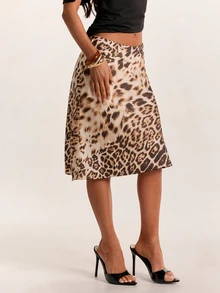 SHEIN BAE Autumn/Winter Solid Color Leopard Print Satin Mid-Length Skirt - Khaki - View 4