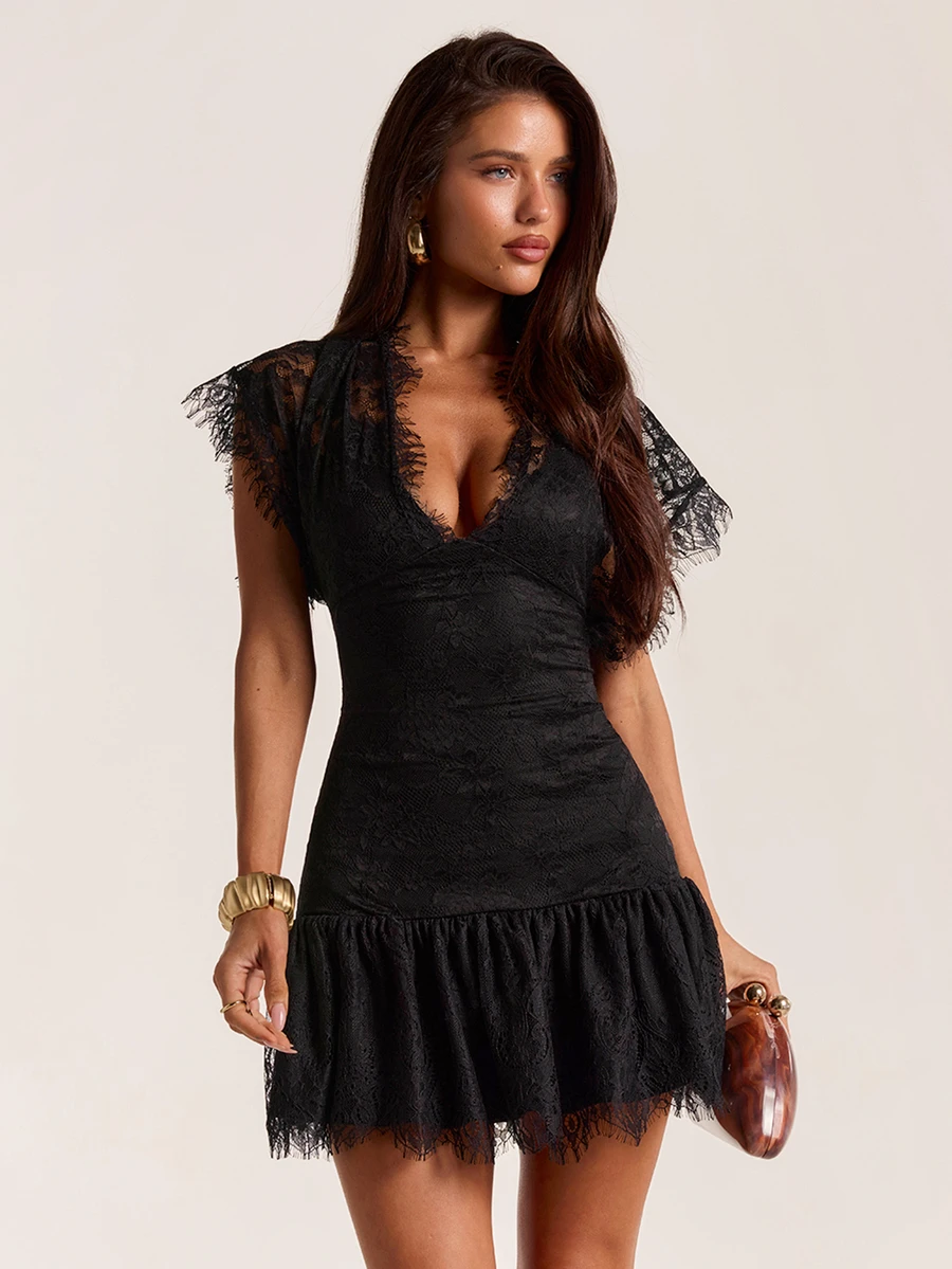 SHEIN BAE Autumn/Winter Solid Black Lace Patchwork Deep V-Neck Short Sleeve Women's Slim Fit Elegant Mini Dress - Black - View 1