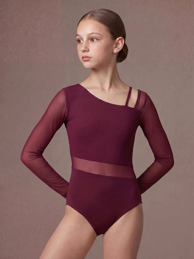 SHEIN Tween Girls' Asymmetric Neck Mesh Panel Leotard, Solid Color, Asymmetric Neckline, Mesh Patchwork, Knit, Dress, Criss-Cross, Zip-Up, Racerback, Pocket - Burgundy - View 5
