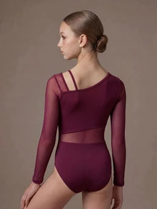SHEIN 少女纯色网纱拼接不对称领连体裤 - 酒紅色 - 查看 4