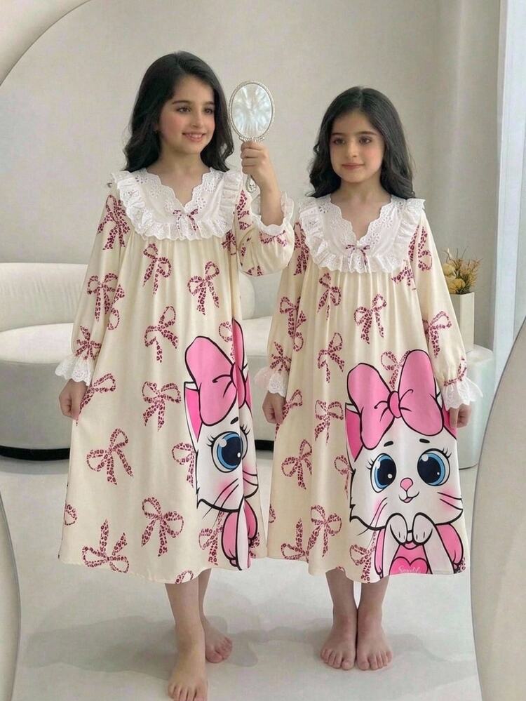 SHEIN Tween Girl Autumn/Winter Loose Casual Sweet Cartoon Cat Bow Leopard Print Patchwork Exquisite Embroidered Lace Trim Loungewear Sleep Dress Nightgown Robe Children's Sleepwear - Apricot - View 2