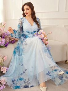 Modelyn 大码女式印花优雅收腰A字连衣裙 - 藍色 - 查看 4