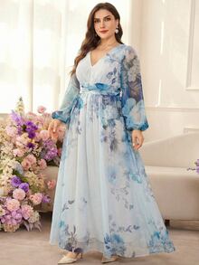 Modelyn 大码女式印花优雅收腰A字连衣裙 - 藍色 - 查看 8