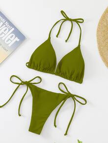 Swim Basics Conjunto de bikini de un solo color con tirantes sexy, ropa de playa para mujeres - Verde - Ver 4