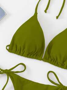Swim Basics Conjunto de bikini de un solo color con tirantes sexy, ropa de playa para mujeres - Verde - Ver 3