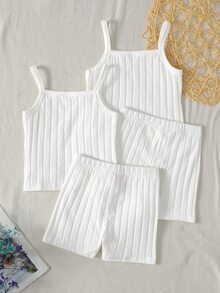 SHEIN LMoss Kids Young Girls Young Girl Cami Top Paired With A Short-Sleeved Striped Matching Set - White - View 6