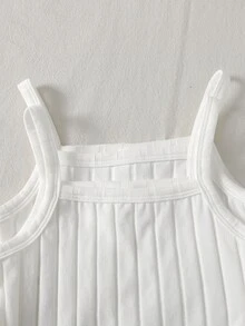 SHEIN LMoss Kids Young Girls Young Girl Cami Top Paired With A Short-Sleeved Striped Matching Set - White - View 4