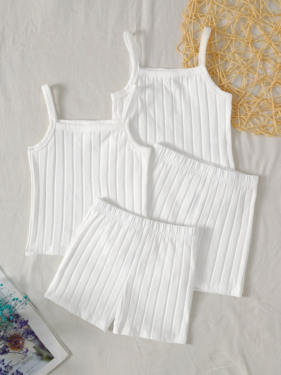SHEIN LMoss Kids Young Girls Young Girl Cami Top Paired With A Short-Sleeved Striped Matching Set - White - View 1